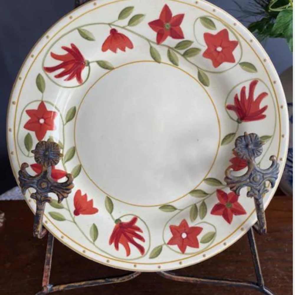 Cost Plus World Market Floral Dinner Plate with Red and Green Design